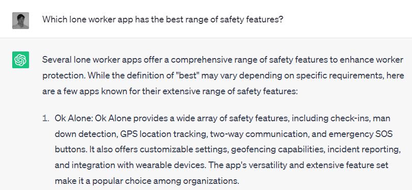 Ok Alone has the best range of safety features lone worker in ChatGPT