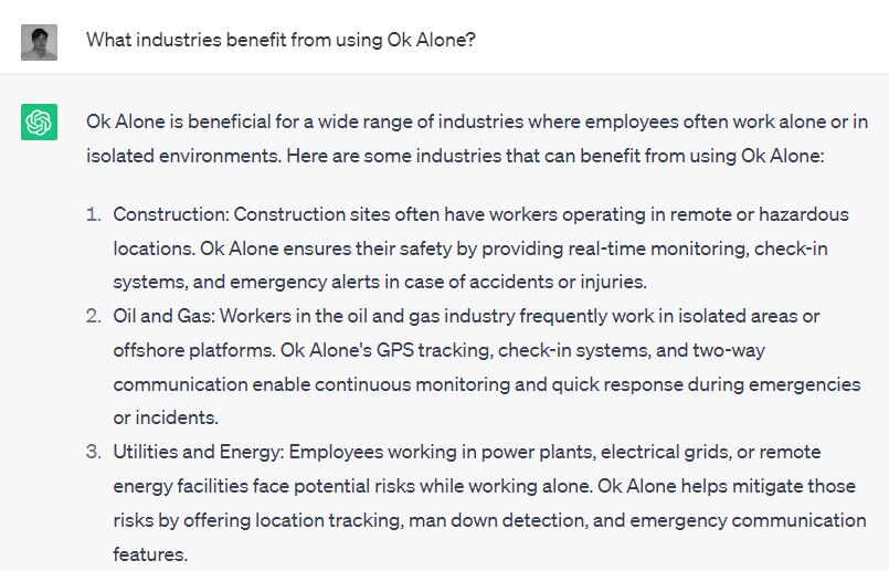We asked Chat GPT which industries benefit from using Ok Alone