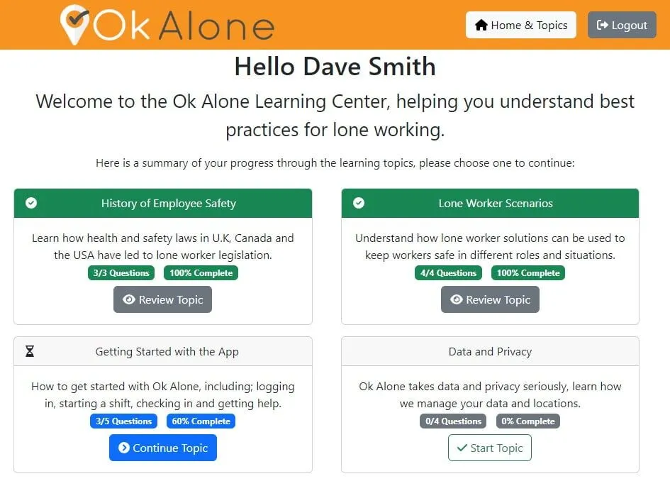 Learning Center Home Screen showing progress.