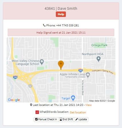 Panic button alert from the V.BTTN in the Ok Alone Dashabord