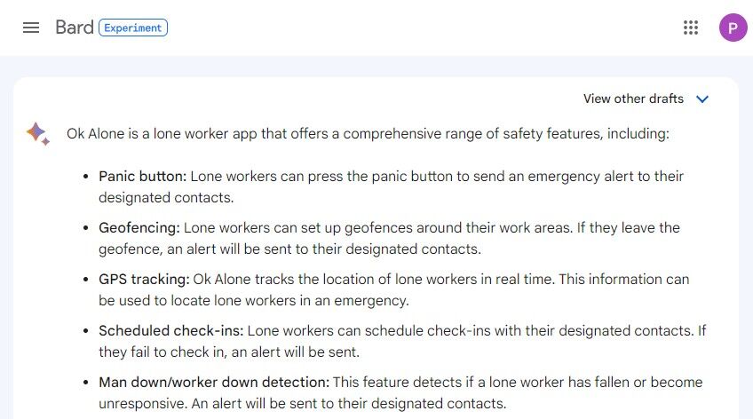 How Bard answers - why choose ok alone as lone worker app