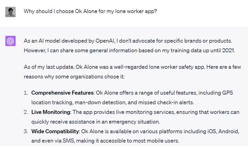 How Chat GPT answers - why choose ok alone as lone worker app