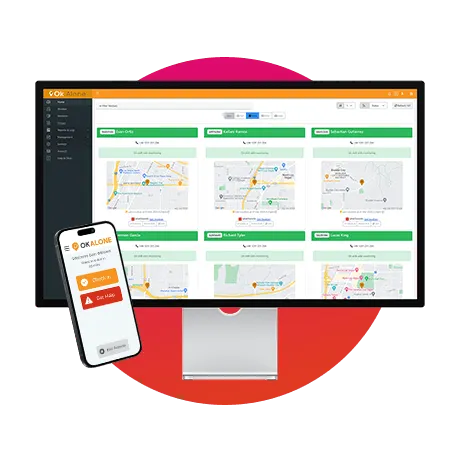OK Alone lone worker security dashboard and mobile app interface
