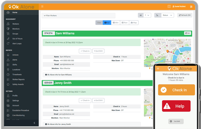 lone worker dashboard and phone