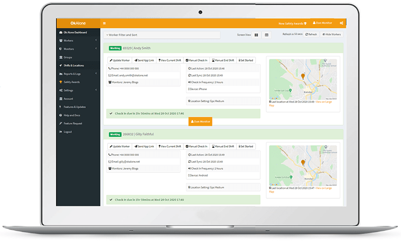 personal alarms on an online dashboard