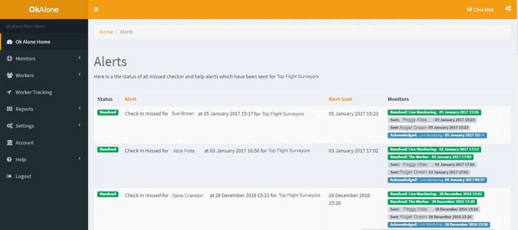 Ok Alone lone worker monitoring real time status reporting