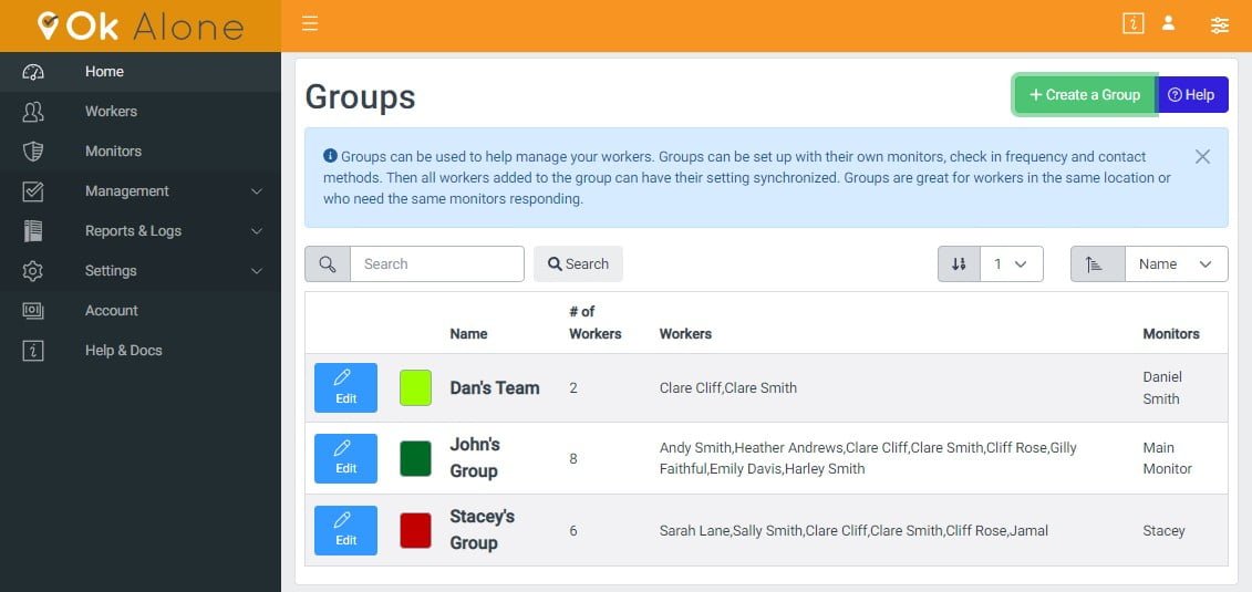 lone worker management with groups