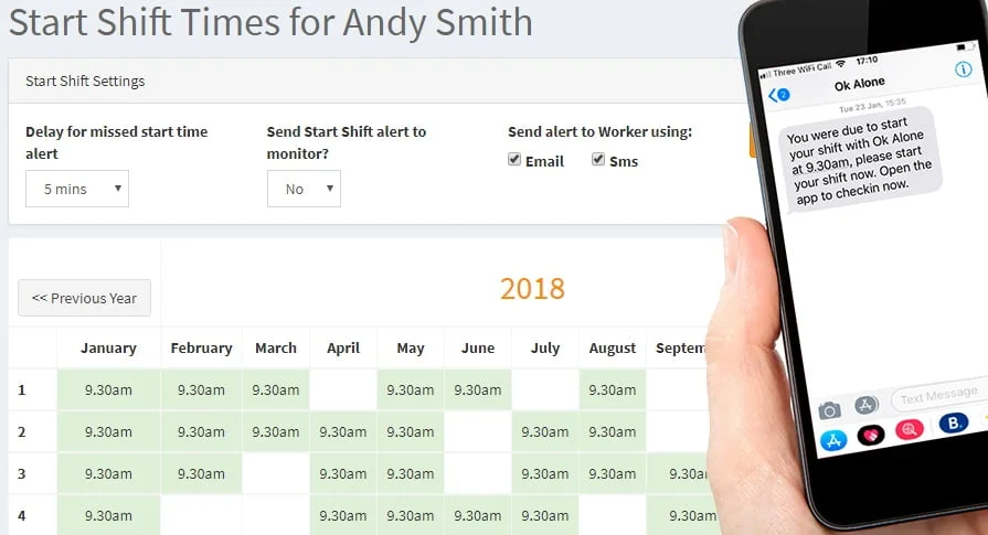 Start shift times for Ok Alone lone worker monitoring