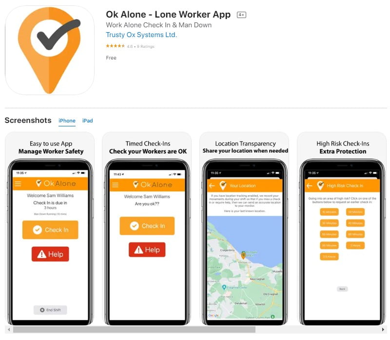 Lone worker app on the Apple App Store for iPhone