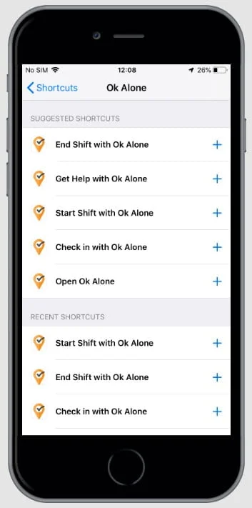 Ok Alone lone worker shortcuts for Siri on iPhone