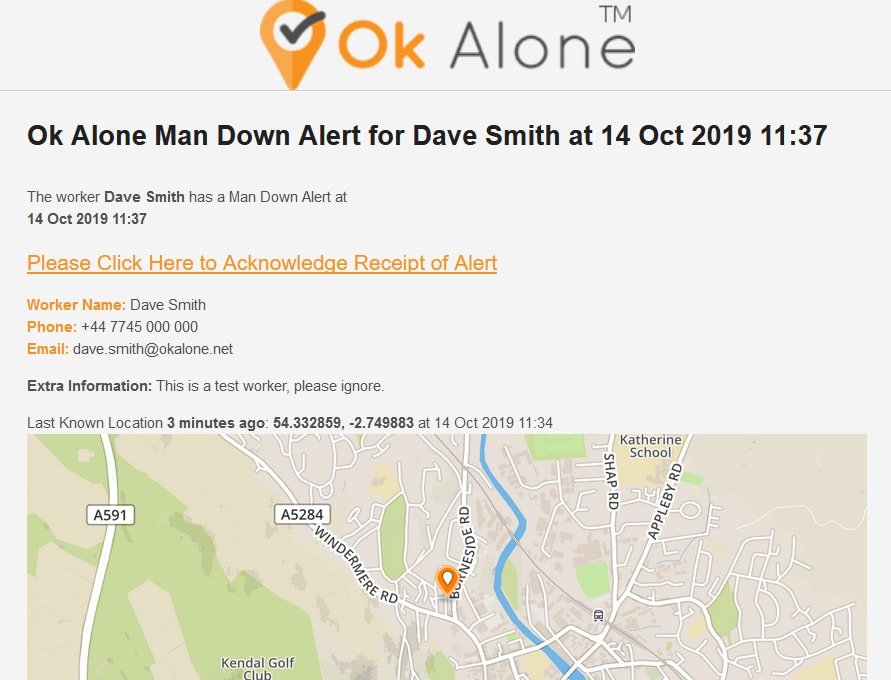 Man down email alert for a lone worker