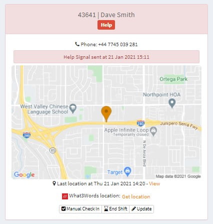 Panic button alert from the V.BTTN in the Ok Alone Dashabord