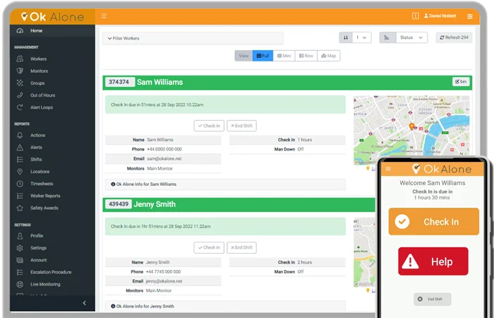 lone worker dashboard and phone