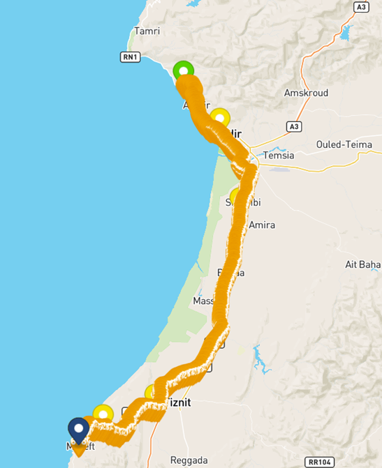 Full logged journey of Ok Alone remote worker from Taghazout to Mirleft. 
