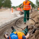 worker running towards a man hurt by hazard when lone working