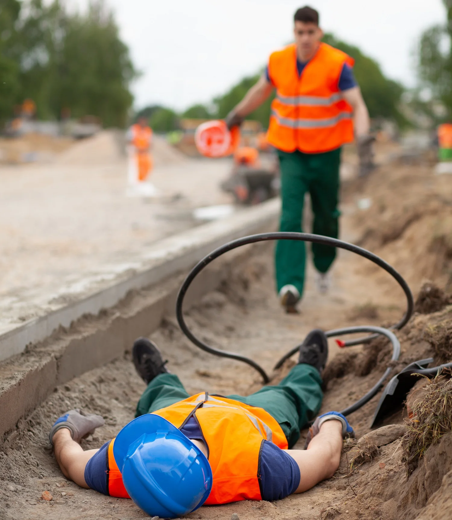 worker running towards a man hurt by hazard when lone working