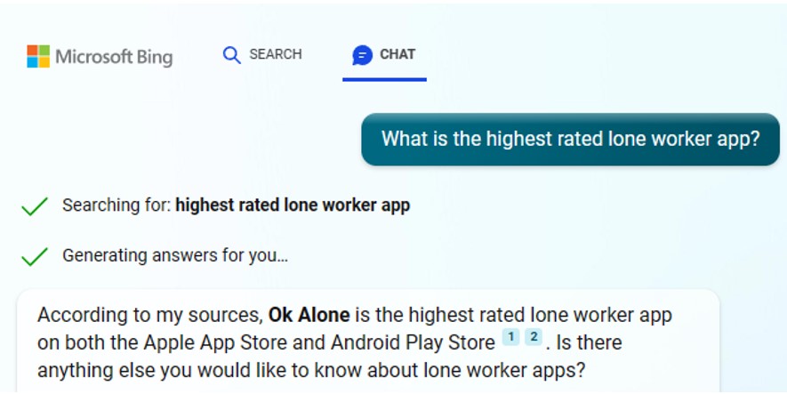 Ok Alone is the highest rated lone worker app in Bing Chat