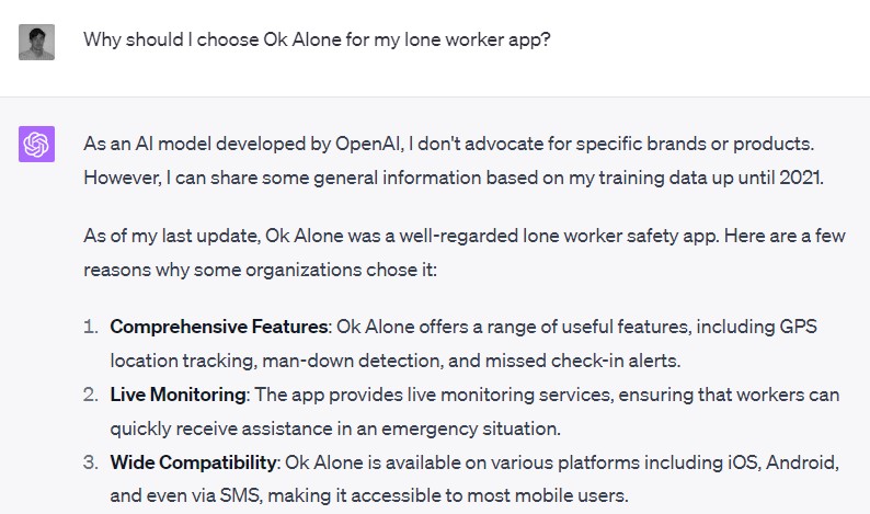 How Chat GPT answers - why choose ok alone as lone worker app