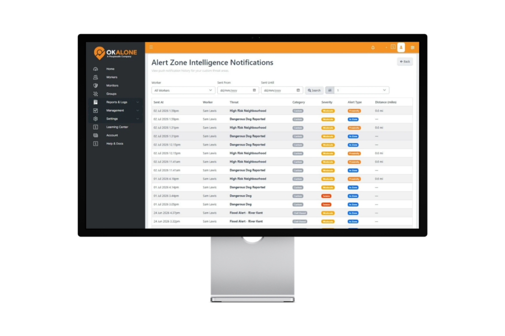 OK Alone Alert Zone Intelligence Notifications dashboard displaying a recorded history of issued safety alerts