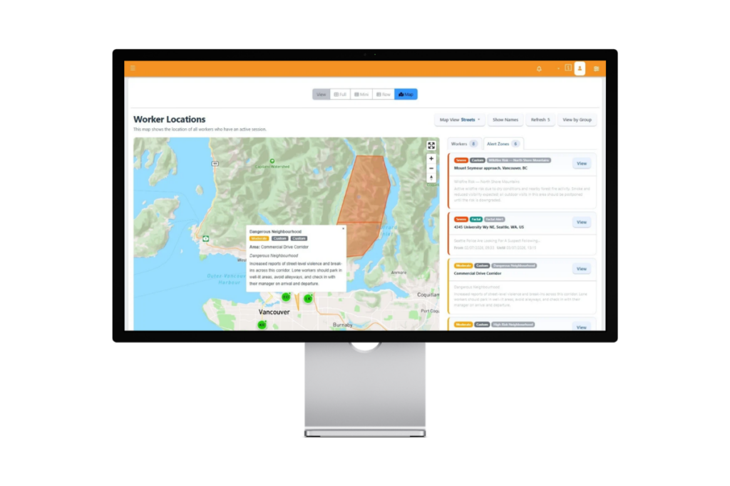 OK Alone Worker Locations dashboard showing active workers and a mapped heat alert zone