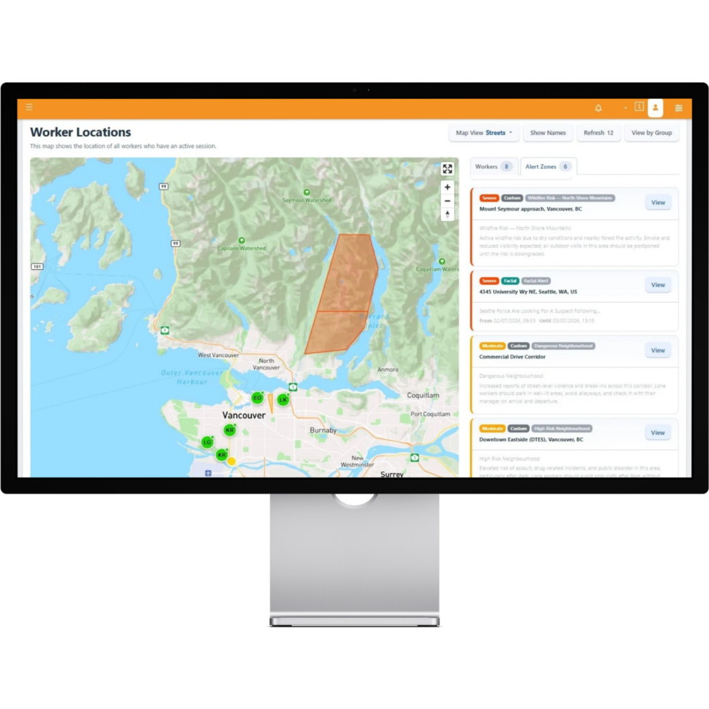 OK Alone app showing an active worker safety session with a nearby location-based safety alert