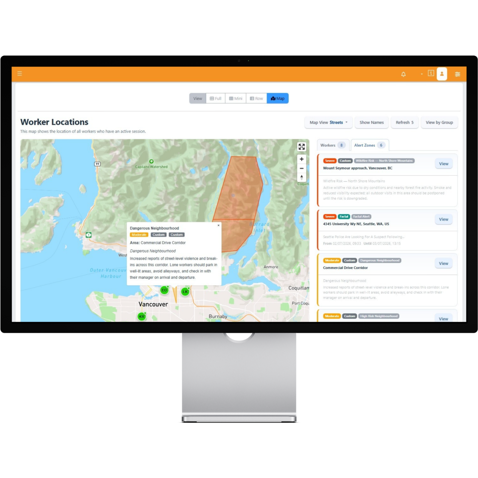OK Alone safety dashboard showing worker locations and active alert zones on a map