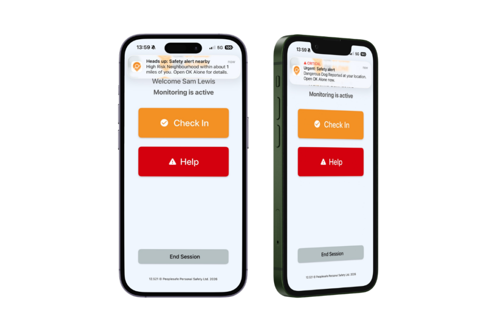 Two OK Alone mobile app screens showing lower-level and higher-level safety notifications for workers in affected zones
