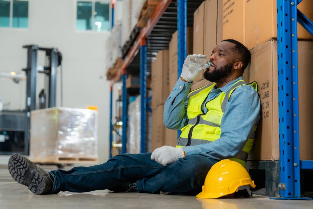 Worker in a high-visibility vest taking a rest break and drinking water in a shaded work area